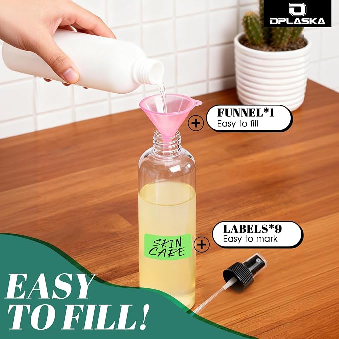 3 Packs 8 oz Brown Plastic Spray Bottles, Black Fine Mist Sprayer | Refillable Empty Bottles with Cap, For Essential Oils, Perfumes, Travel, Cleaning Solutions, With Labels & Funnel