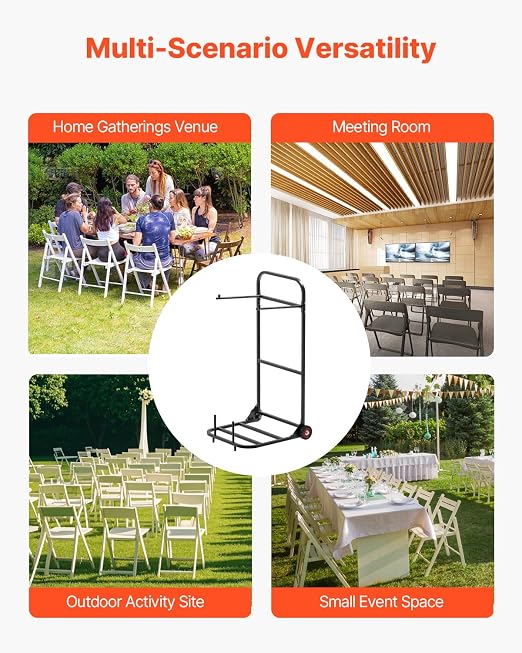 VEVOR Folding Chair Rack, 100 LBS Capacity, Heavy-Duty Chair Cart for Hanging 10 Chairs, Multi-Function Metal Chair Storage Dolly with Rubber Wheels, Push-Style Chair Holder, Matte Black