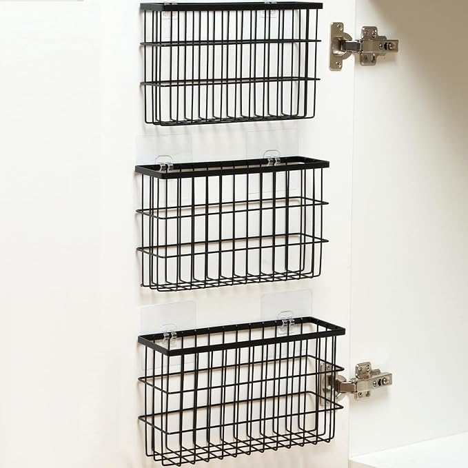 Sinnsally 3 Pack Cabinet Door Organizer,Self Adhesive Lid Organizers Inside Cabinet Storage Boxes,Hanging Storage Basket Organizer Wall Mounted Pantry Caddy Cup Holder for Kitchen,Fridge,Bathroom