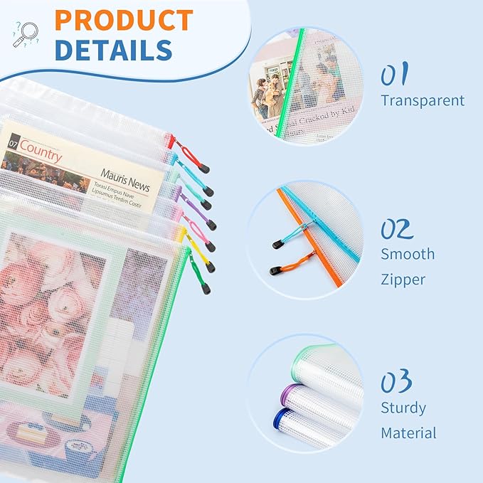 Umriox 32PCS Mesh Zipper Pouch, Zipper Bags for Organizing, A4, Letter Size, Storage Bags for Board Game, Puzzles, School Office Supplies | 16 Colors (2 Per Color), Waterproof Clear PVC Zipper Bags for Classroom Supplies, Puzzles, Receipts and Office S...