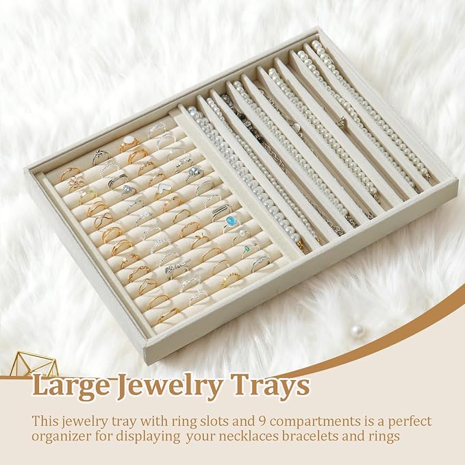 Large Jewelry Organizer for Drawer Insert Velvet Stackable Jewelry Trays for Earring Necklace Bracelet Ring Display (Beige, Ring and 9 Grids)