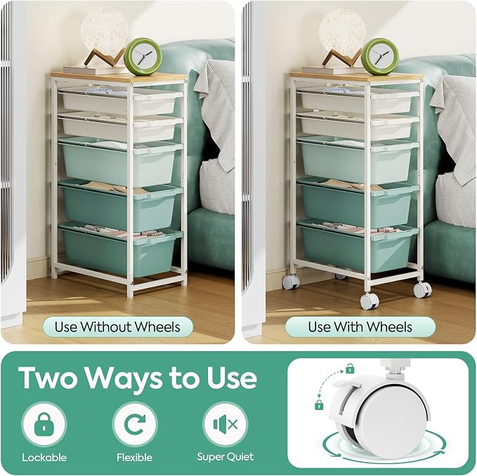 Slim Rolling Storage Cart with 5 Drawers, Craft Organizer, Wooden Tabletop Utility Cart for Bedroom, Children's Room and Office Organization, Table Side Trolley with Lockable Wheels, Green