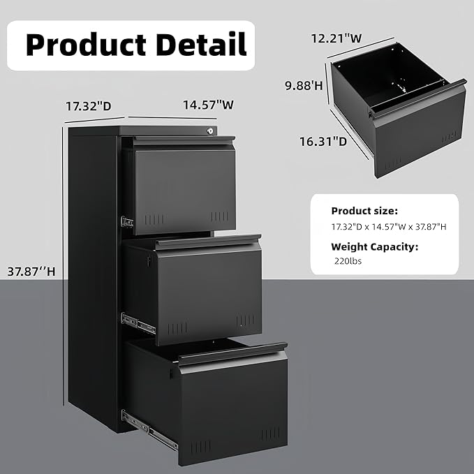 Guizeeopo Metal File Cabinet with Lock, Vertical 3 Drawer File Cabinets for Home Office, Heavy Duty Office Storage Cabinet for A4/Letter/Legal Size, Assembly Required(Black)