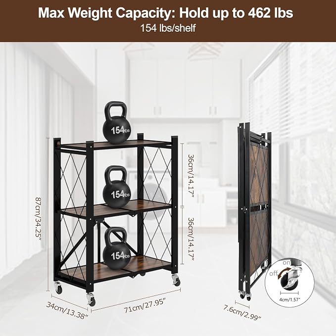 3 Tier Folding Shelf with Wheels, Wood and Metal Bookshelf, no Assembly Foldable Storage Shelves, Vintage Storage Rack for Living Room, Bedroom, and Home Office