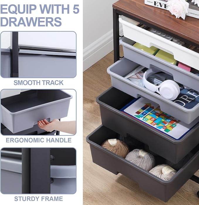 SYKIARIOL Utility Cart with 5 Drawers,Storage Drawer Cart with Wooden Tabletop and Lockable Wheels,Craft Storage Trolley Cart,5-Tier Rolling Utility Cart on Wheels,Dark Grey