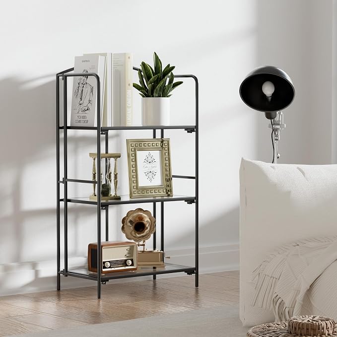 Crofy 3-Tier Foldable Bookshelf, Black Frame & Transparent Shelves | No-Assembly Collapsible Portable Storage Organizer; Sturdy Transparent Shelves; Ideal for Living Room & Home Office