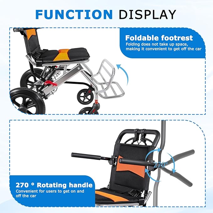 Ultra Lightweight Foldable Wheelchair, Only 19.8 lbs, Airline Approved, 300 lbs Capacity, One-Second Fold, All-Terrain Wheels, Compact Transport Chair for Adults Seniors (Black-Orange)