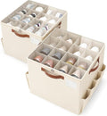 Varhomax Shoe Organizer Box for Closet, Fabric Shoe Storage Bin with Adjustable Dividers & Clear Cover, Holds up 16-32 Pairs of Sneakers & Sandals for Entryway, Cubby, Beige 2 Pack