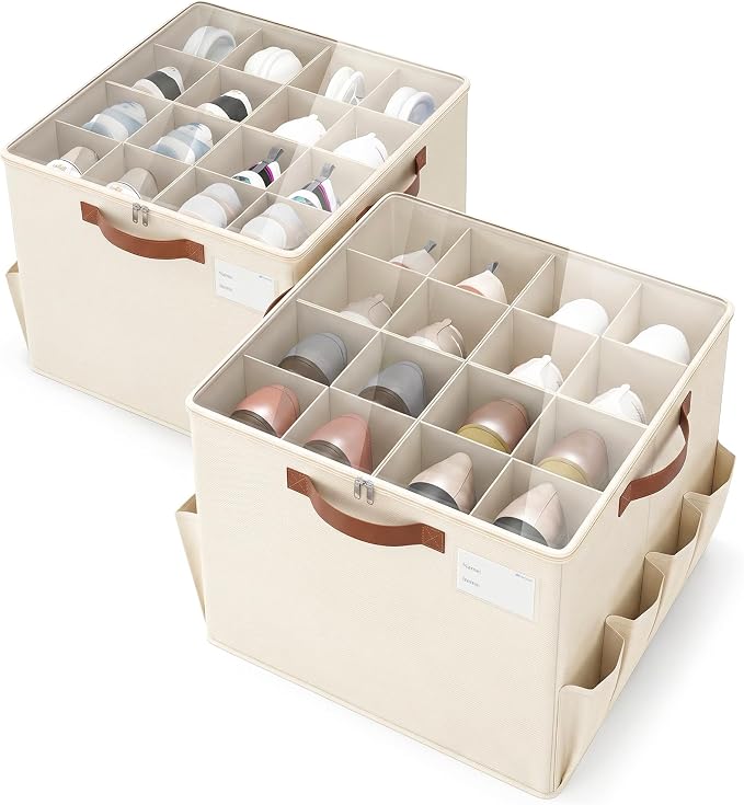 Varhomax Shoe Organizer Box for Closet, Fabric Shoe Storage Bin with Adjustable Dividers & Clear Cover, Holds up 16-32 Pairs of Sneakers & Sandals for Entryway, Cubby, Beige 2 Pack
