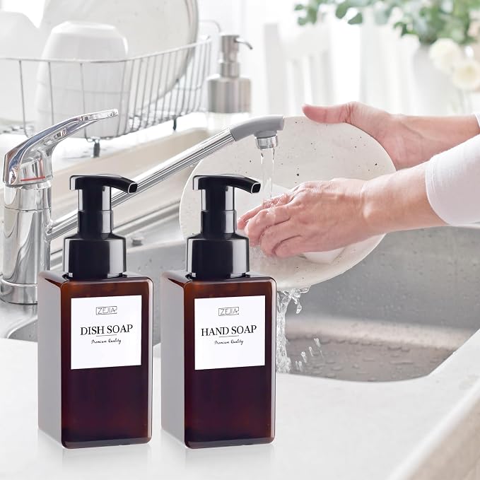 15OZ Foaming Soap Dispenser, 2-Pack Plastic Hand Soap Dispenser, Refillable Leakproof Foam Pump Bottle with Waterproof Labels, for Shampoo, Body Wash