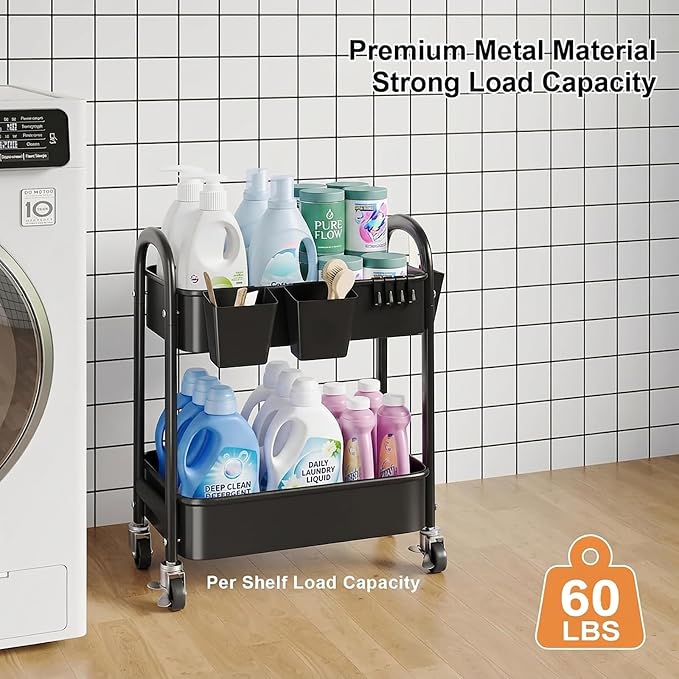 2 Tier Rolling Cart Metal on Wheels, Two Tiered Short Storage Side Table with Wheels, Heavy Duty Under Desk Mobile Trolley, Small Utility Organizer Carts for Craft, Art, Office, Kitchen, Black Basket