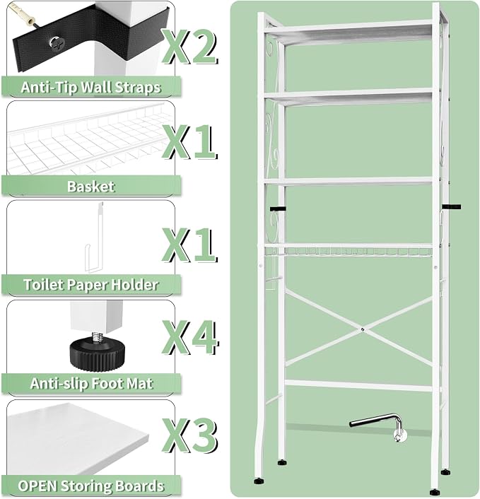 Over-The-Toilet Storage Rack 4-Tier,Bathroom Organizer Shelf Over Toilet,Adjustable Wooden Shelves and Basket,Freestanding Above Toilet Shelve,Space Saver for Rooms(White Rack-White Shelves)