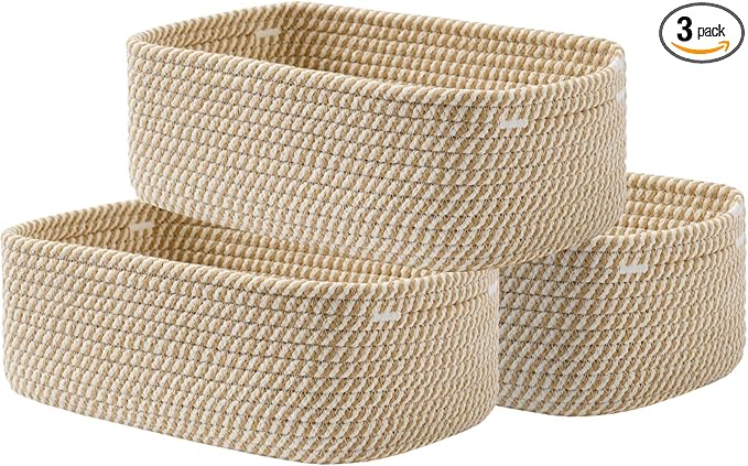 KALLAX Small Woven Basket, 12 x 8 x 4.5 Inches, Storage Basket for Organizing, Cute Small Rope Shelf Closet Cube Storage Bins Baskets for Shelves, Dog Toy Gift Baskets Empty, 3 Pack Brown