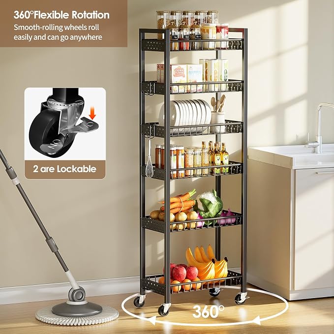6 Tier Slim Storage Cart, Narrow Rolling Cart with Wheels, 10in(W) | Narrow Mobile Utility Shelf Unit Organizer for Kitchen, Bathroom, Laundry Room, Living Room, Small Places, Black