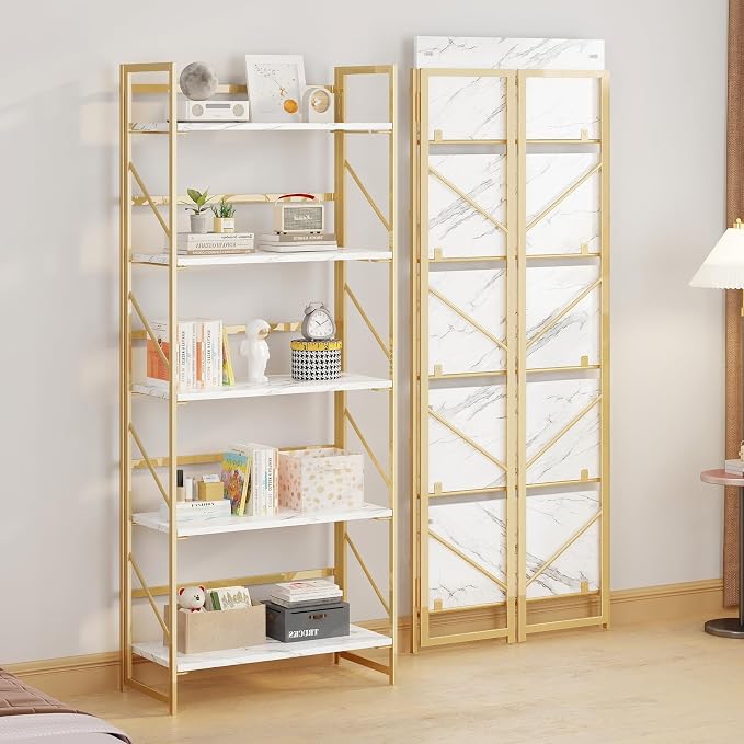 JSB 5 Tier No Assembly Folding Bookshelf, Foldable Storage Bookcase for Home Office, Space-Saving Storage Shelf for Living Room, Bedroom, Office (White&Gold)