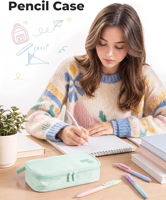 Four Candies Large Pencil Case, 5 Compartments Pen Organizer, Big Capacity Canvas Pencil Pouch Bag for School Supplies, Portable Stationery Holder for Teen Girls, Women (Peppermint Green)