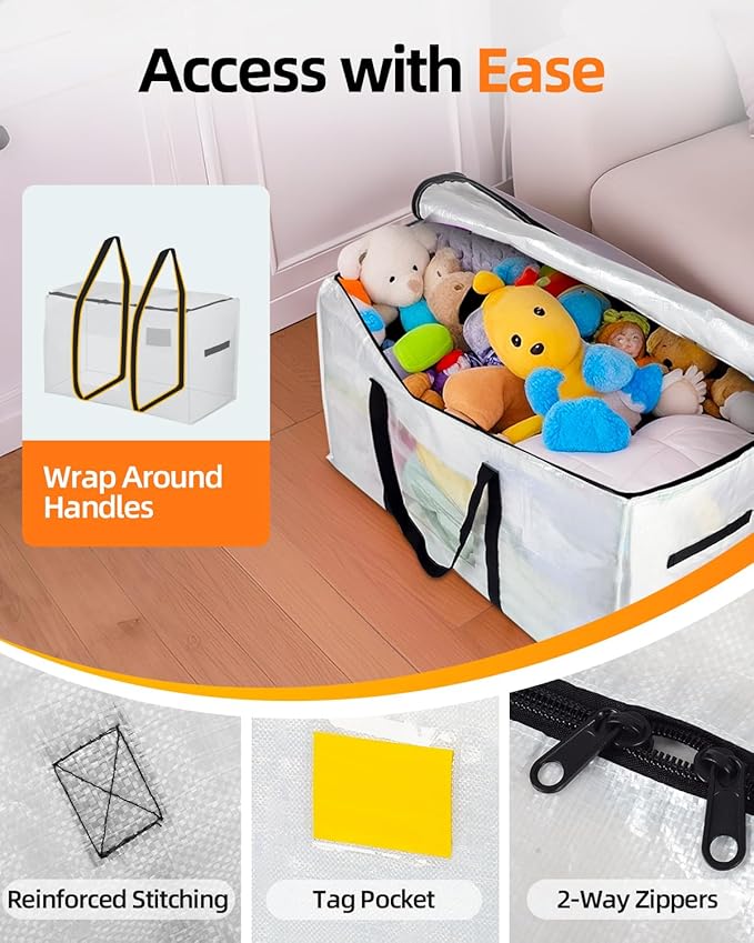 Extra Large Moving Bags, 4 Pack Heavy Duty Storage Bags Boxes Bins Totes with Hnadles Zippers Visible Window for Clothes College Dorm Travel, Clear