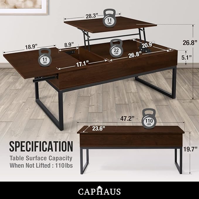 CAPHAUS Lift Top Coffee Table w/Sliding Drawer, Rising Tabletop Coffee Table w/Hidden Compartment & Sliding Drawer, Storage Coffee Table w/Lift & Sliding Top for Living Room, 47" Espresso