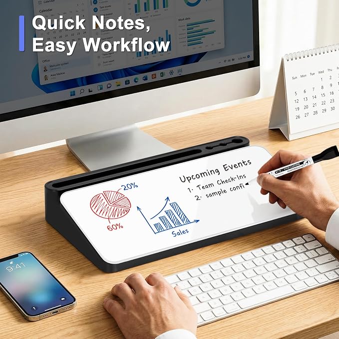 Small Desktop Glass Whiteboard with Storage, Desk Dry Erase White Board | Computer Keyboard Stand, Office Desk Organizers and Accessories with Drawer, To Do Memo Notepad, Home School Supplies