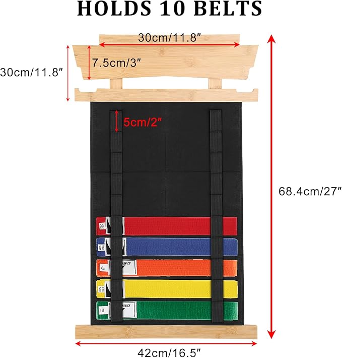 JUXYES Wall Hanging Martial Arts Belts Organizer with Trophy and Medal Display Rack, Bamboo Karate Belt Display Holder Rack, Wall Mounted Taekwondo Belt Display Holder for Martial Arts Learners