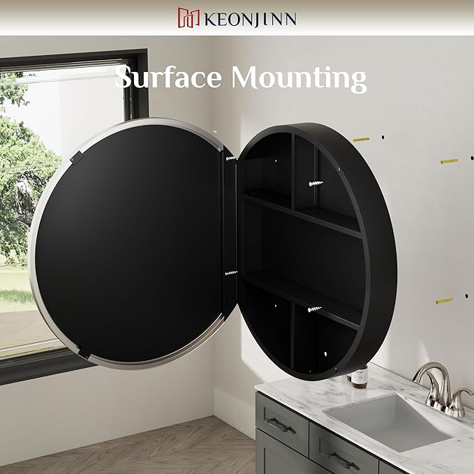 Keonjinn 20 Inch Round Medicine Cabinet with Mirror, Brushed Nickel Surface Mount Medicine Cabinet for Bathroom, Framed Circular Bathroom Cabinet Wall Mounted, Round Vanity Mirror with Storage