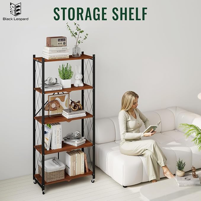 black leopard 5-Tier Foldable Shelf with Wheels, Wood-Grain Steel Shelves | Pre-assembled frame unfolds in seconds with tool-free wheel setup for fast, convenient use.