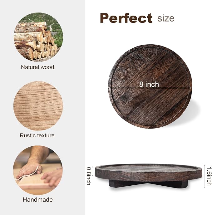 Round Decorative Tray Farmhouse Kitchen Decor Soap Dish, 8" Bark Brown | Waterproof, Lightweight, Easy Clean, Wood Riser Pedestal Stand Accessories for Office Desk, Vanity, Counter, Sink