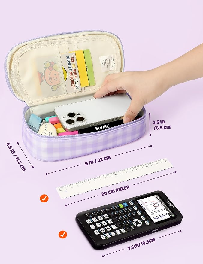 SUNEE Cute Pencil Case, Large Colored Pencil Pouch, Aesthetic Pen Bag with Zipper, Kawaii Stationery Storage and Organizer, School Supplies for Teen and Adult, Boys & Girls, Purple Checkered
