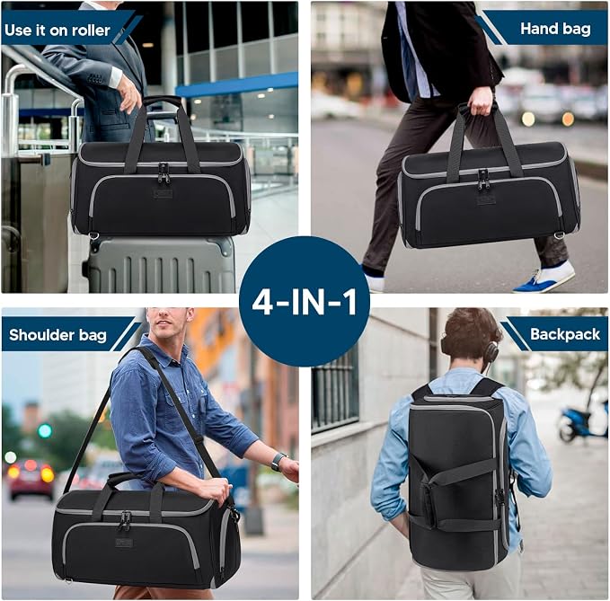 Vessgra Convertible Garment Bags for Travel, 4 in 1 Duffle Bag for Travel 58L Capacity Carry on Garment Bag with Shoes Compartment Travel Garment Bag with Shoulder Straps Suit Bag for Men Women,Black