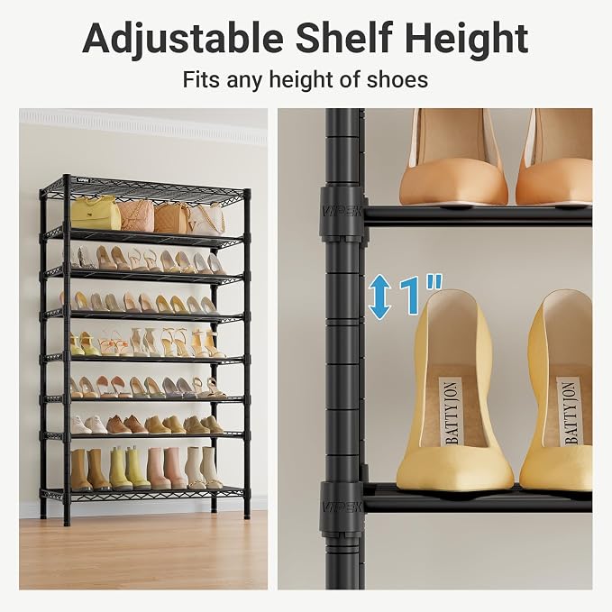 VIPEK S1 Plus Shoe Rack, 8-Tier Extra Wide Heavy Duty Shoe Organizer, Large Capacity Metal Shoe Cabinet Up to 40 Pairs, Adjustable & Detachable Shoe Storage for Entryway/Bedroom/Closet, 750 lbs Black