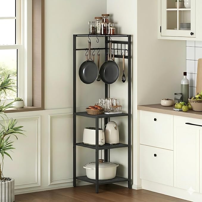 MAHANCRIS 4-Tier Pots and Pans Organizer with 10 Hooks for Kitchen Corner | Pots Rack, Cookware Stand, for Kitchen, Dining Room, Pantry, Rustic Brown