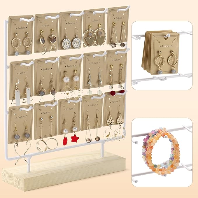 Earring Display Stand 3 Tier 15 Hooks Wood Earring Display Rack Holder for Earings Necklaces Rings Bracelets Keychains (White)