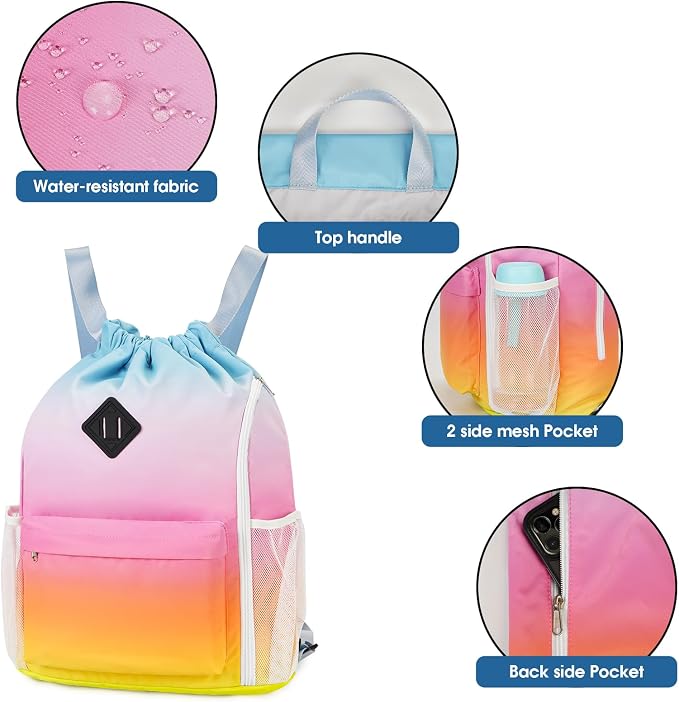 WANDF Drawstring Backpack with Shoe Compartment, Sports Gym Bag | Multi-Pocket Storage, Water-Resistant Fabric, Cinch String Bag