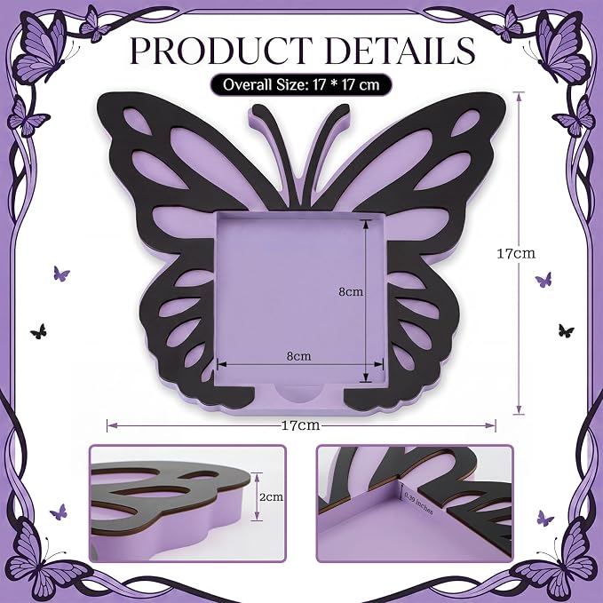 Purple Butterfly Sticky Note Holder Large Wood Notepad Dispenser 3 x 3 Sticky Notes Organizer Cute Self Stick Memo Pad Holder for Desk Office Back to School Gift, No Pads Included