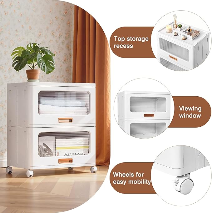VECELO Storage Cabinet with Drawer, Pull-Out Stackable Bins with Wheels, Waterproof Modular Organizer, Multi-Tier Closet Storage for Bedroom, Living Room & Bathroom, Large 2-Tier
