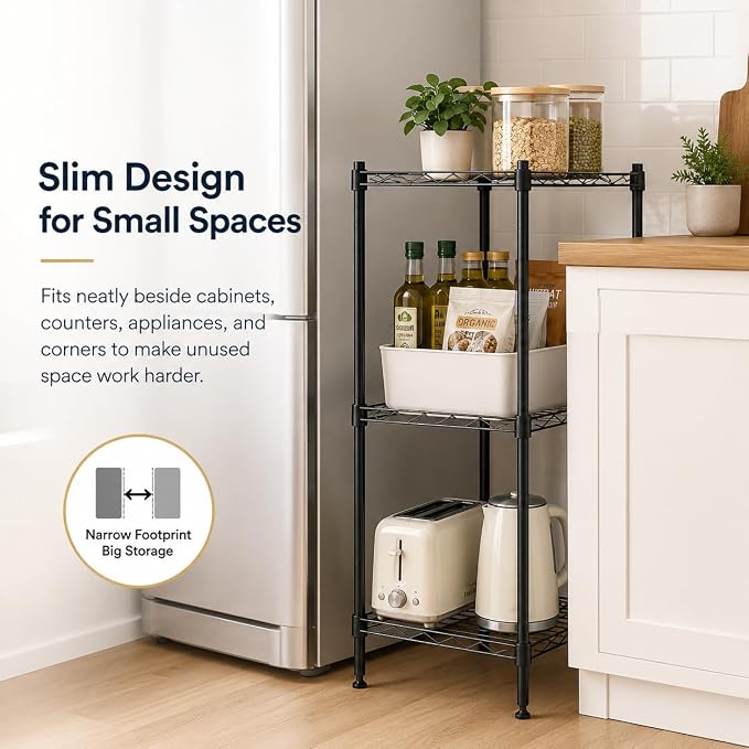3 Tier Storage Shelves, Metal Wire Shelving Unit, Heavy Duty Adjustable Shelf Rack for Pantry, Kitchen, Garage and Laundry Room, Black