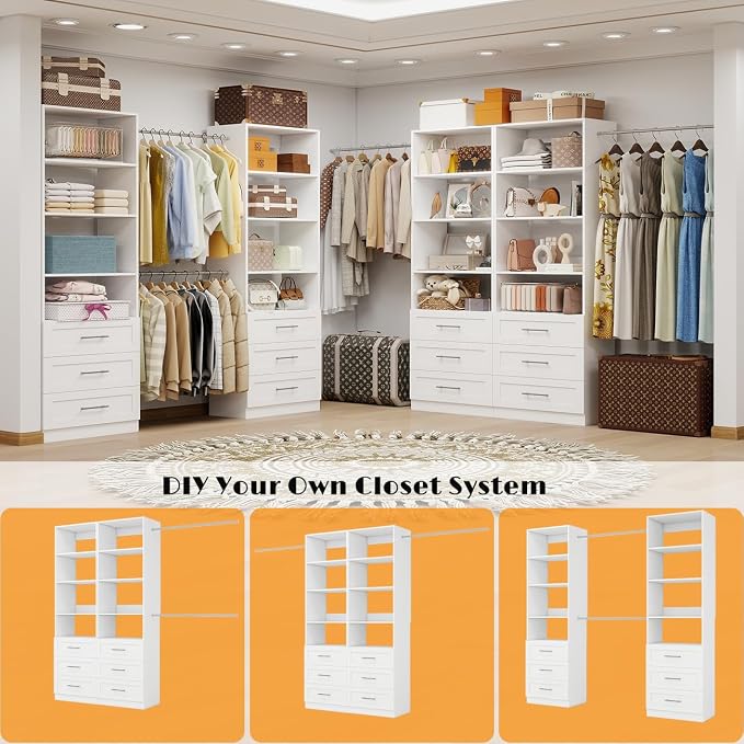 Closet Organizer System with Drawers, 4FT Wood Closet Shelving System Small Walk in Closet Standalone Corner Closets Storage with Hanging Rods White (4FT)