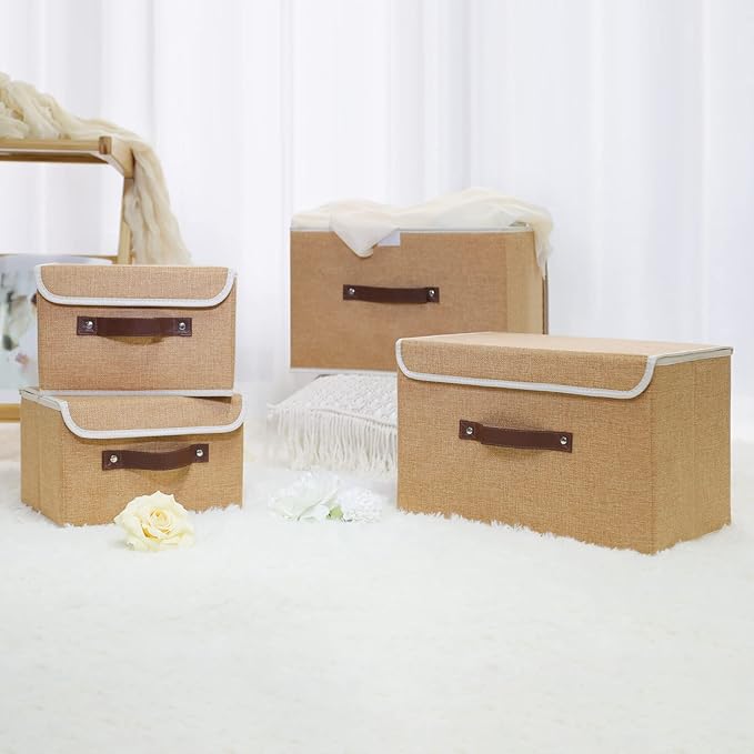 ANMINY 2PCS Storage Bins with Lid PU Leather Handles Storage Boxes PP Plastic Board Decorative Foldable Lidded Cotton Linen Fabric Home Cubes Baskets Closet Organizer Containers - Khaki, Small Size