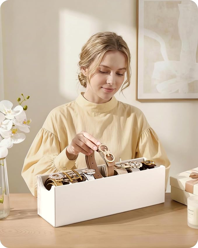 Lolalet Belt Organizer for Closet, Belt Box & Storage Drawer -Cream | PU Leather Belt Holder with 7 Extra-Wide Compartments, Soft Lining, Fits Entryway Cabinet, for Women, 1 Pack