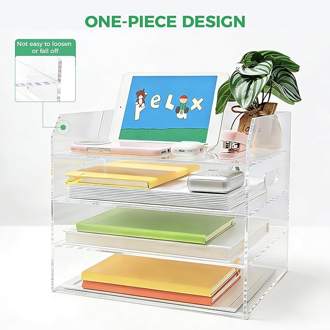 Paper Tray Organizer for Desk, 4 Tier Acrylic Desk Organizers and Accessories, One-Piece Integrated A4 Paper Organizer with Handles, Crystal-Clear Letter Tray & Office File Holder, Books Notes