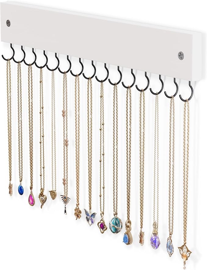 Lolalet Wooden Necklace Holder for Wall with 15 Hooks -White | Wall Mount Jewelry Hangers for Necklaces, Chains, Bracelets and Earrings, Tangle-free, Easy to Install