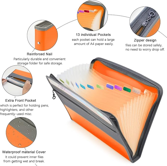 NAFY Expanding File Folder, 13 Pockets Document Organizer with Zipper, A4 Letter Size Portable Accordion Expanding File Folders with 27pcs Multicolor Labels for Home Office School Supplies (Orange)