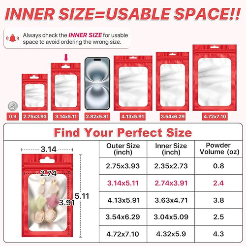 100 PCS Resealable Bags with Frosted Clear Window Bags Small Packaging Bag Foil Pouch Zipper Bag for Food Self Sealing Storage Supplies Treat (Red, 3.14x5.11)