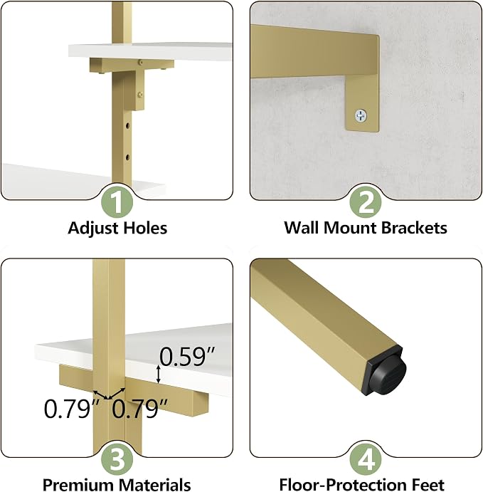 Auromie Gold Wall Mounted Clothing Rack with 5 Hanging Rods, Clothes Rack with Adjustable Shelves, Closet Storage Organizer System Kit, Heavy Duty Garment Rack with Metal Frames (80.71" L*78.74" H)