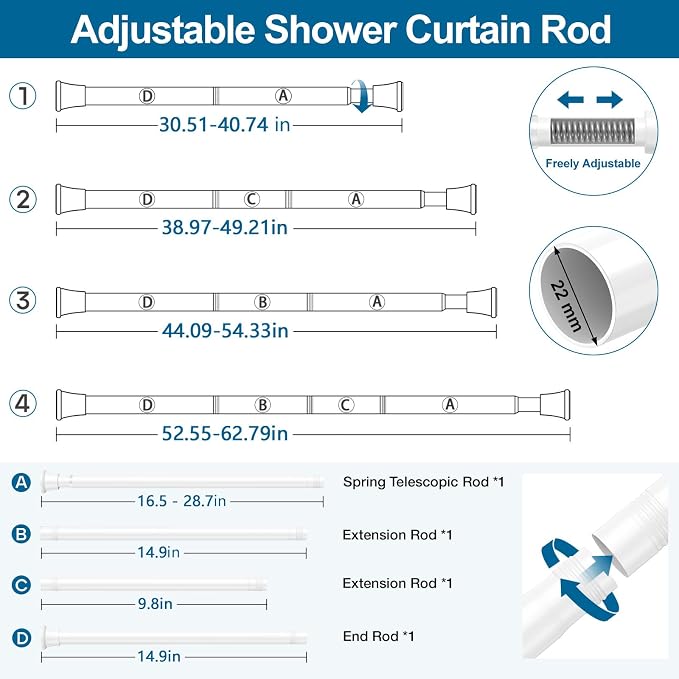 2Pack Tension Rods 31-62 Inch, Spring Loaded Curtain Rods Non-slip, Expandable Curtain Rod Tension No Drilling, Curtain Tension Rod For Window, Doorway, Kitchen, Tension Curtain Rod White