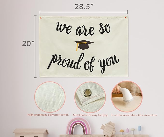 We Are So Proud of You Graduation Banner, Beige Cotton Canvas Wall Hanging Rectangular Flag, Congrats Graduation Party Decor for Class of 2026, School, Home Photo Backdrop 28.5×20 inches