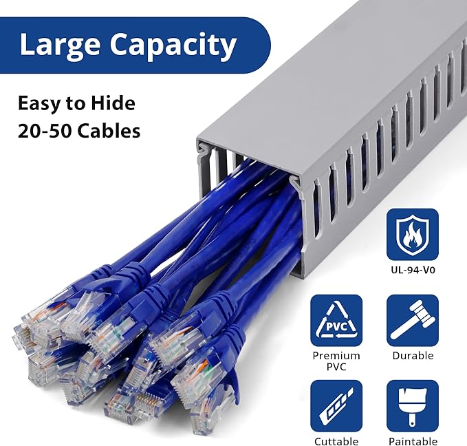 ZhiYo 2" H x 2.4" W Cable Management Raceway, 95in Under Desk Channel, Grey | Slotted Wire Duct, 4Pack, 23.6in Each, Heavy-Duty PVC Cable Management for Server Racks, Network Cables & Electrical Cabinets