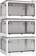 3-Pack Stackable Storage Bins, 50-Liter Collapsible Organizers with 3 Lids, Wheels, Foldable Collapsible Box for Outdoor Camping, White