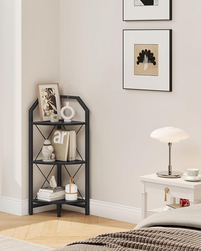 CHOEZON 3-Tier Corner Shelf, Industrial Corner Bookshelf, 35.4" Storage Stand, Plant Stand Display Shelf, Bookcase for Bedroom, Living Room, Home Office, Black TCJ03BB ﻿