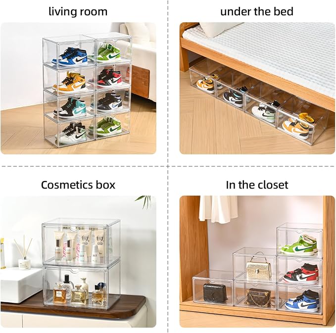Clear Shoe Organizer,Stackable Shoe Display Case,Shoe Box Storage Bins with Magnetic Door,Fit Shoe Size Up to US 14 (X-Large-3Pack)